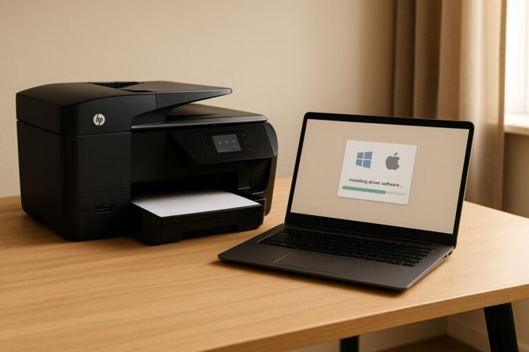 HP OfficeJet Pro 8710 프린터가 노트북과 연결되어 드라이버 설치가 진행되는 장면