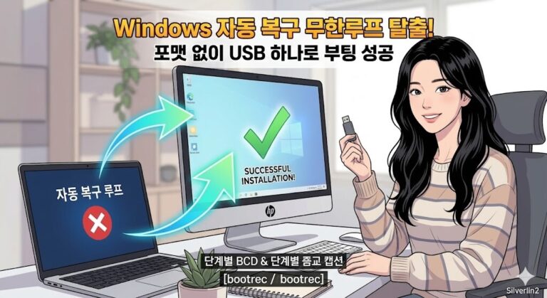 USB를 활용해 무한 자동 복구 루프와 Windows 부팅 오류(BCD 문제)를 해결하고 정상 부팅된 모습을 직관적으로 보여주는 썸네일.