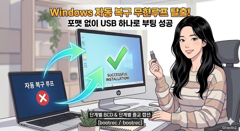 USB를 활용해 무한 자동 복구 루프와 Windows 부팅 오류(BCD 문제)를 해결하고 정상 부팅된 모습을 직관적으로 보여주는 썸네일.