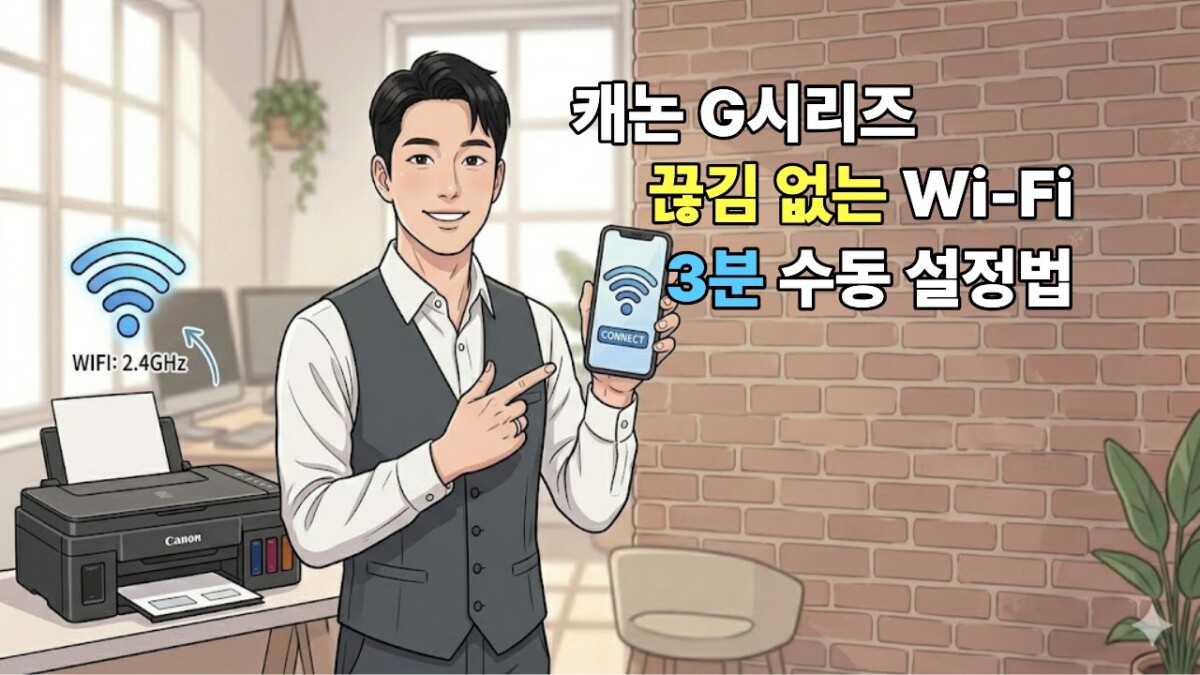 Canon G 시리즈 프린터의 Wi-Fi 무선 연결 오류를 스마트폰으로 해결하는 전문가 일러스트