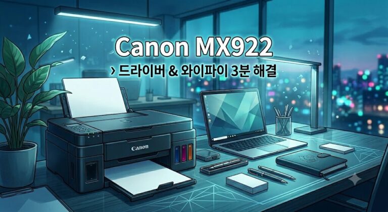 Canon PIXMA MX922 프린터 드라이버 다운로드 후 깔끔한 사무실 책상 위에 무선으로 연결된 모습