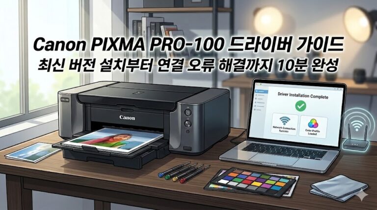 Canon PIXMA PRO-100 드라이버 가이드 텍스트가 중앙 상단에 배치된 정갈한 작업실 배경의 16:9 썸네일 이미지