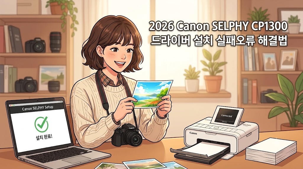 Canon PIXMA SELPHY CP1300 드라이버 설치 성공 후 사진 출력을 기뻐하는 인물 중심 일러스트