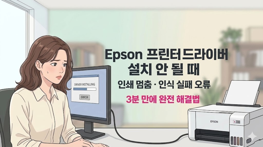 'Epson 프린터 드라이버 설치 안 될 때, 인쇄 멈춤 · 인식 실패 오류 3분 만에 완전 해결법' 텍스트가 중앙에 적절한 크기로 배치된 16:9 비율의 블로그 대표 썸네일 이미지.