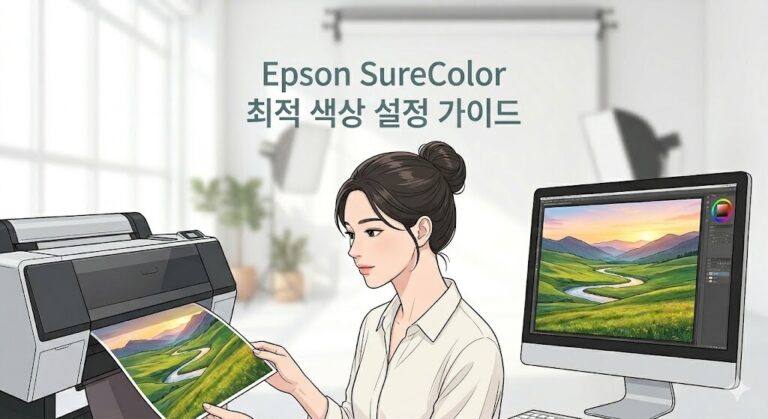 상단 중앙에 'Epson SureColor 최적 색상 설정 가이드' 텍스트가 배치되어 있으며, 정밀 모니터 화면과 사진 출력물의 색상을 맞추는 여성 사진가의 모습을 담은 블로그 대표 이미지