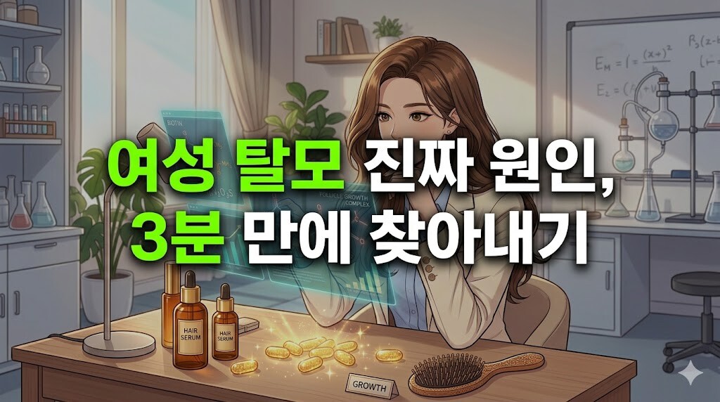 여성 탈모 진짜 원인을 찾고 3분 만에 해결하는 방법을 설명하는 16:9 비율의 완성형 웹툰 스타일 썸네일 이미지