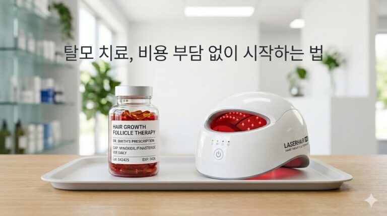 탈모 치료 비용 부담을 줄이기 위한 약물 치료 처방전과 가정용 디바이스 레이저 헬멧 오브제 실사 이미지