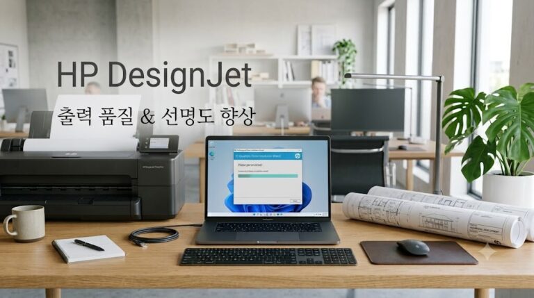 2026 HP Designjet 출력 품질 및 선명도 향상 텍스트가 삽입된 모던한 건축 사무소 워크스테이션 인포그래픽 대표 이미지