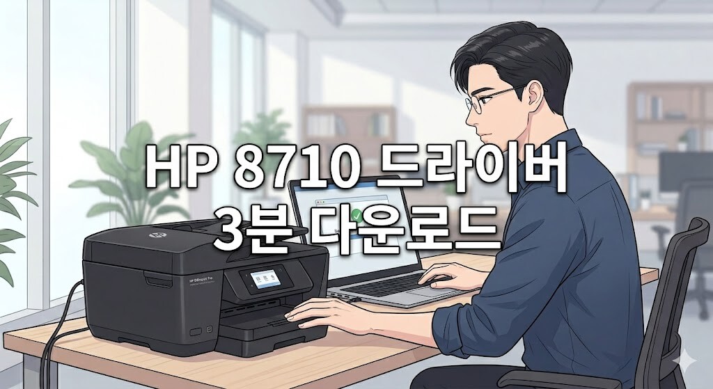 HP OfficeJet Pro 8710 드라이버 설치 가이드 안내에 따라 사무실에서 프린터와 노트북을 연결하여 3분 다운로드를 완료하는 IT 전문가 일러스트