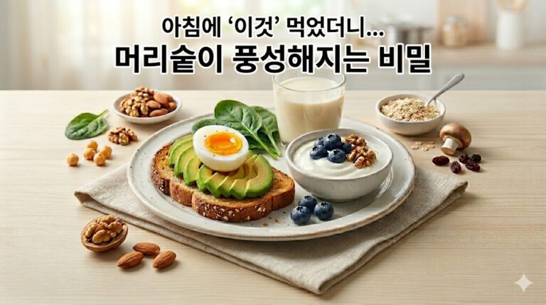 탈모 예방 아침 식단에 좋은 아보카도, 달걀, 통곡물 토스트와 두유 구성 사진