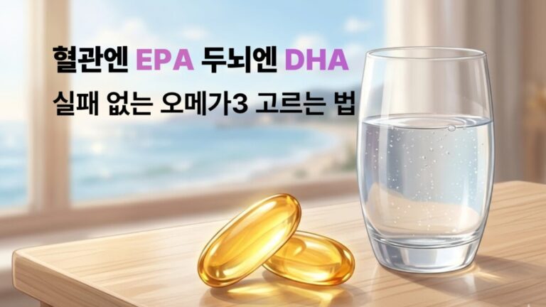 밝은 햇살이 비치는 창가 옆 나무 탁자 위에 놓인 투명하고 노란 오메가3 영양제 캡슐과 물컵이 그려진 서정적인 일러스트.