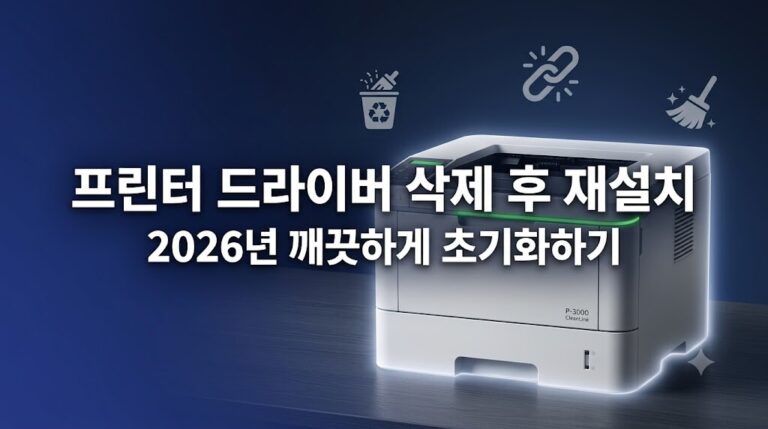 프린터 드라이버 삭제 후 재설치 및 2026년 깨끗하게 초기화하는 방법을 설명하는 세련된 IT 테크 블로그 대표 이미지