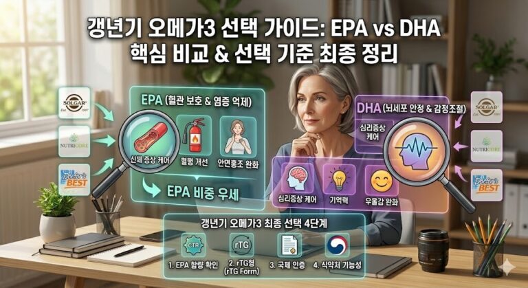 갱년기 여성에게 맞는 오메가3 선택법을 돕기 위해 EPA와 DHA의 기능적 차이와 4가지 핵심 선택 기준을 정리한 인포그래픽 일러스트.