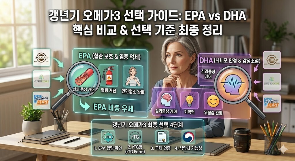 갱년기 여성에게 맞는 오메가3 선택법을 돕기 위해 EPA와 DHA의 기능적 차이와 4가지 핵심 선택 기준을 정리한 인포그래픽 일러스트.