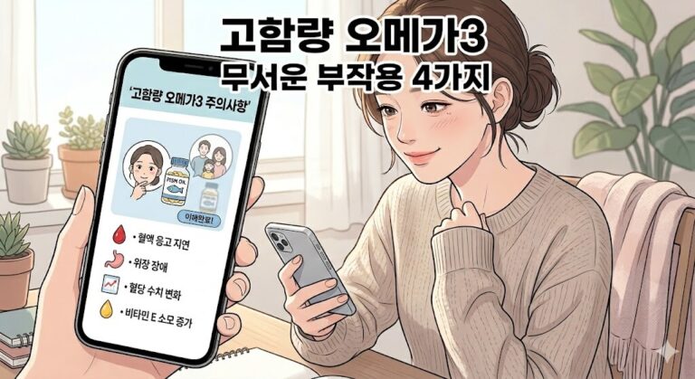 고함량 오메가3 부작용 정보를 스마트폰 화면으로 확인하는 모습