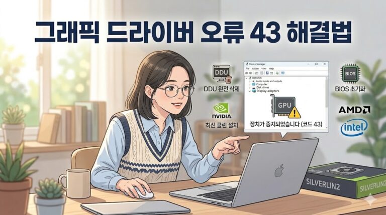 안경을 쓴 여성이 장치 관리자의 코드 43 경고창을 가리키며 DDU 완전 삭제와 최신 클린 설치 등 그래픽 드라이버 오류 43 해결법을 설명하는 일러스트.