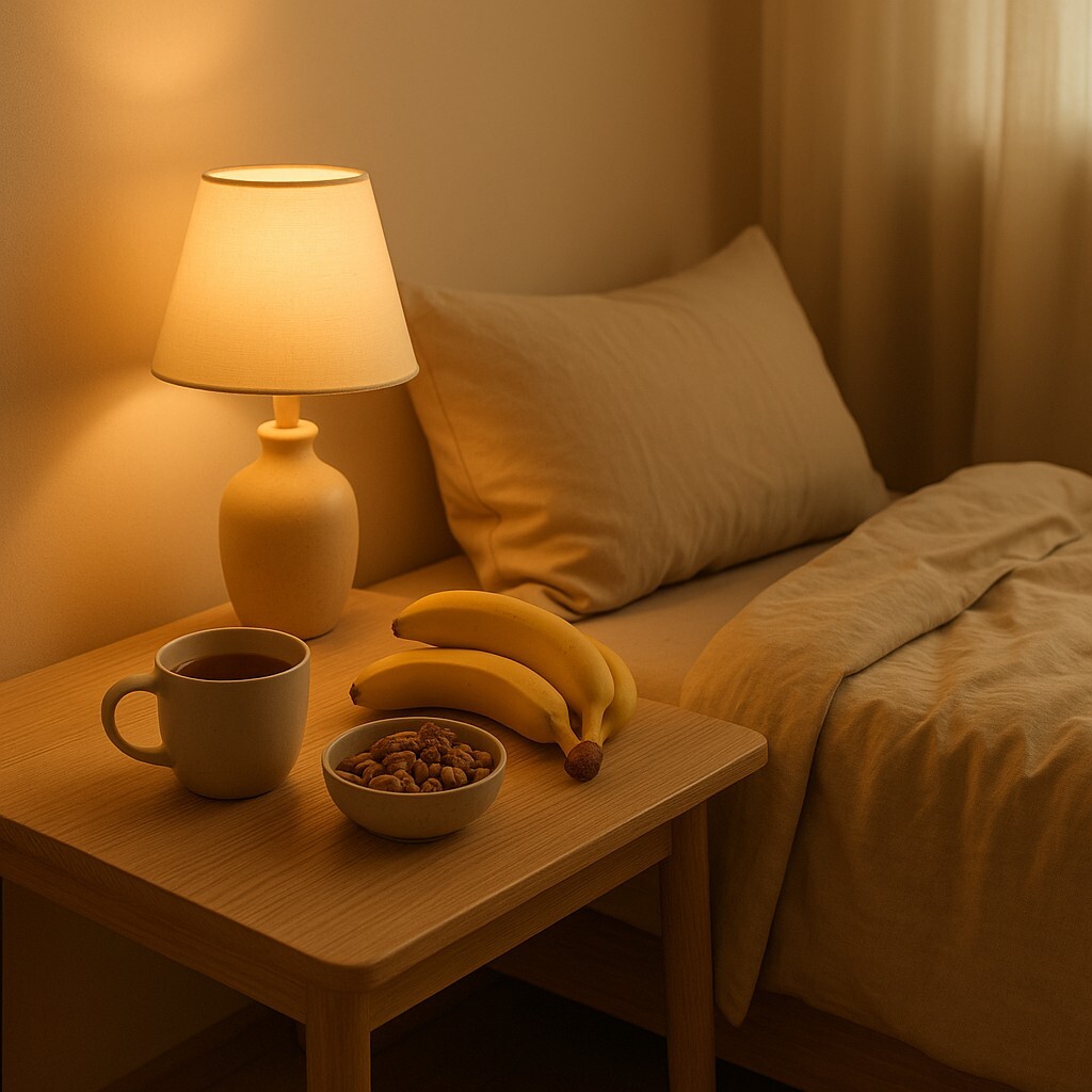 숙면에 좋은 영양소가 담긴 따뜻한 베이지톤 침실 장면