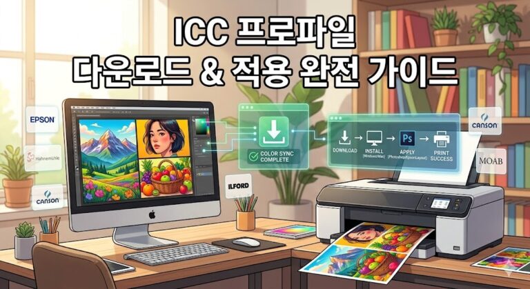 모니터와 프린터의 색상을 완벽하게 맞춰주는 ICC 프로파일 다운로드 및 적용 방법을 단계별로 직관적으로 표현한 일러스트.