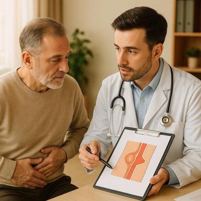 탈장 수술 꼭 해야 할까, 비수술 관리 상담을 받는 중년 남성과 의사