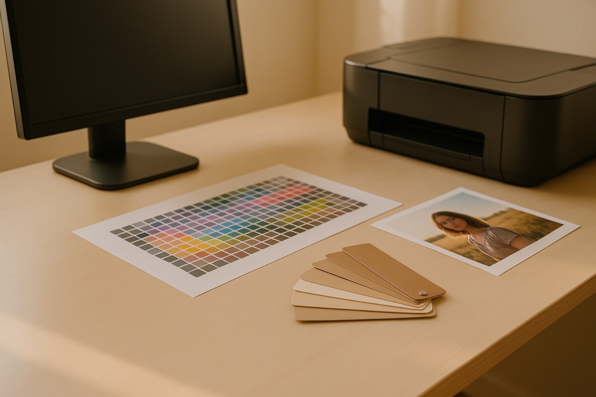 프린터 ICC 프로파일 설정을 표현한 따뜻한 베이지톤 출력 장면, 색 보정을 위한 색상 차트와 출력물이 있는 이미지