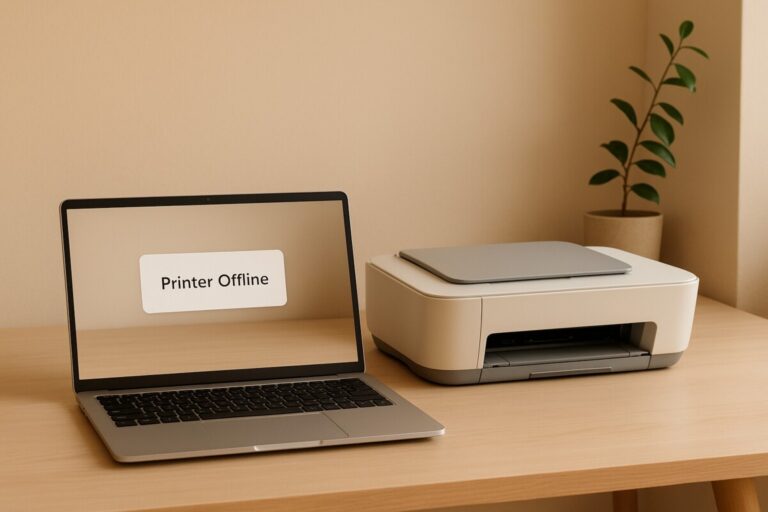 프린터 오프라인 해결을 위해 집에서 점검하는 장면