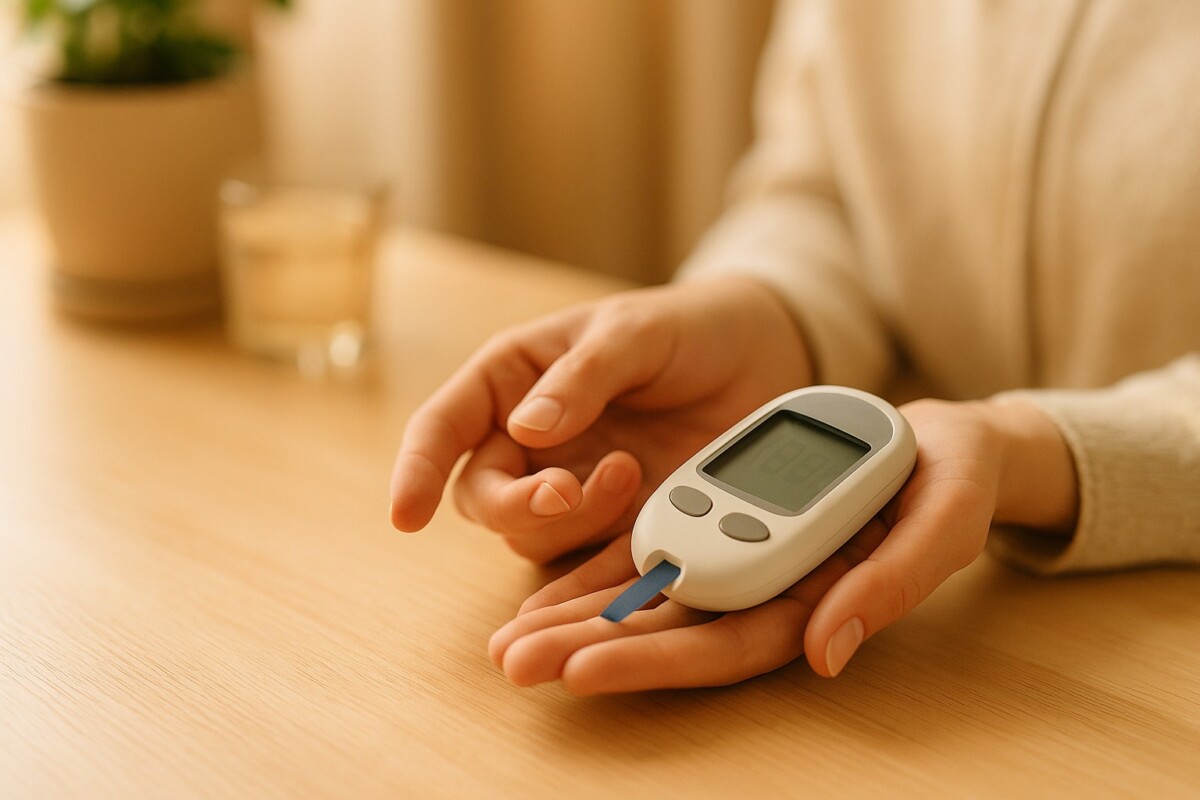 혈당 측정을 위해 손끝으로 혈당계를 살짝 누르는 장면