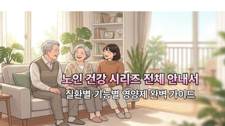 노인 건강 시리즈 전체 안내서-밝고 투명한 채광이 들어오는 거실에서 30대 딸과 60대 한국인 노년 부모님이 서로를 바라보며 밝게 웃고 있는 활기찬 가족 모습의 텍스트 배치용 대표 이미지