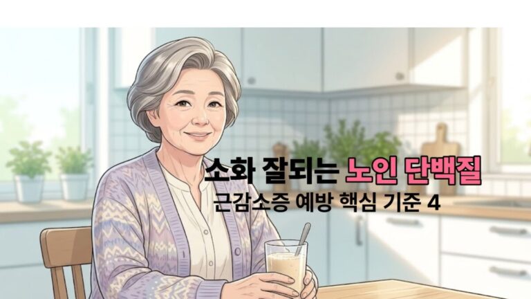 깨끗한 주방 식탁에 앉아 미소를 지으며 투명한 컵에 담긴 단백질 보충제를 들고 있는 60대 한국인 노인 여성 일러스트 대표 이미지