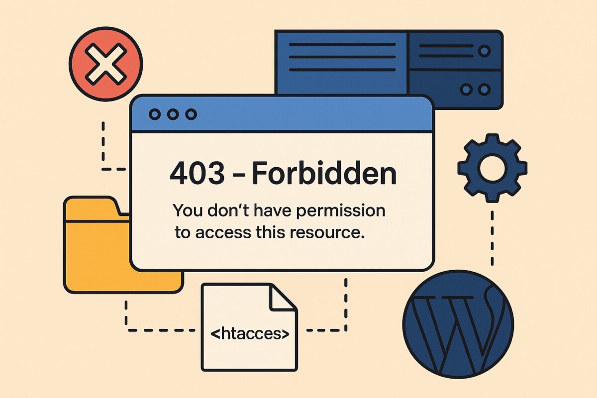 서버 권한, .htaccess, 플러그인 문제로 발생하는 403 Forbidden Error 개념 일러스트
