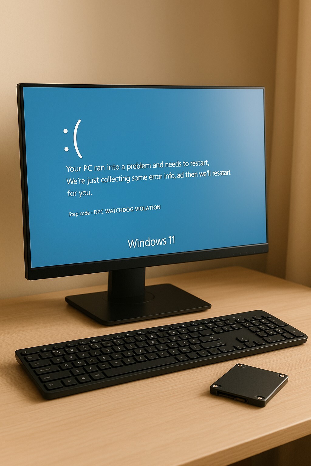 DPC_WATCHDOG_VIOLATION 오류가 표시된 Windows 11 파란 화면과 SSD가 있는 따뜻한 베이지 톤 작업 공간 장면