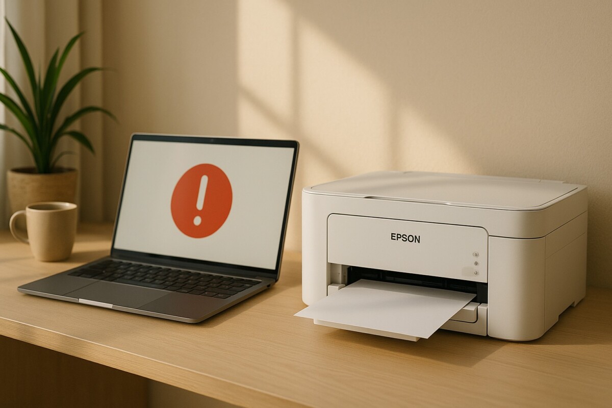 EPSON 프린터 오류 해결, 베이지톤 자연광 작업 공간에서 오류 알림이 표시된 노트북과 EPSON 프린터가 놓인 장면