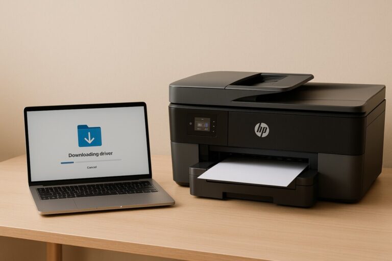 HP OfficeJet Pro 7740 드라이버를 설치하는 노트북과 프린터가 놓인 따뜻한 베이지 톤 작업 공간