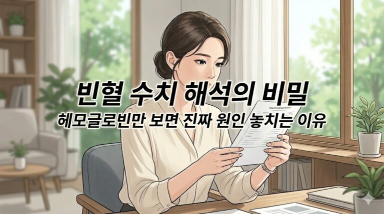 빈혈 수치 해석의 비밀 텍스트가 중앙에 배치된 건강검진 리포트를 읽고 있는 여성 일러스트