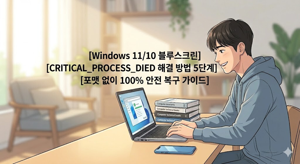 Windows 11 10 블루스크린 CRITICAL_PROCESS_DIED 해결 방법 5단계 타이틀과 포맷 없는 안전 복구 가이드 핫핑크 문구가 중앙에 정갈하게 들어간 블로그 대표 썸네일 이미지.