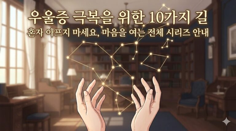 서재 배경에서 두 손 위로 빛나는 10개의 별자리가 연결된 지도를 들고 있는 일러스트, '우울증 극복을 위한 10가지 길'이라는 문구가 적힌 시리즈 안내 썸네일
