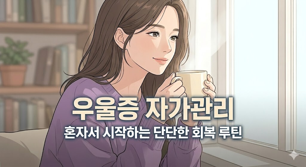 우울증 자가관리, 창가에 앉아 따뜻한 차를 마시며 평온하게 마음을 돌보는 여성의 모습