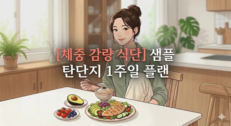 깔끔한 주방에서 한 여성이 탄단지 비율로 구성된 건강한 체중 감량 식단 샘플 밥상 앞에 앉아 미소 짓고 있는 일러스트 썸네일 이미지