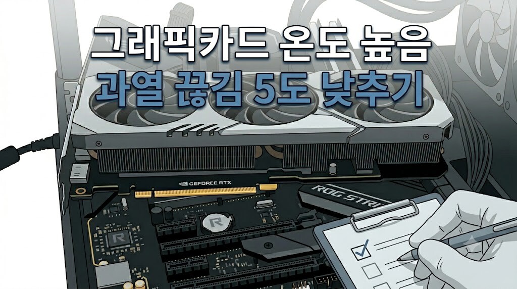 그래픽카드 온도 높음 과열 현상과 화면 끊김을 해결하기 위해 컴퓨터 본체 내부의 GPU 쿨링팬 발열 상태를 점검하는 웹툰풍 일러스트