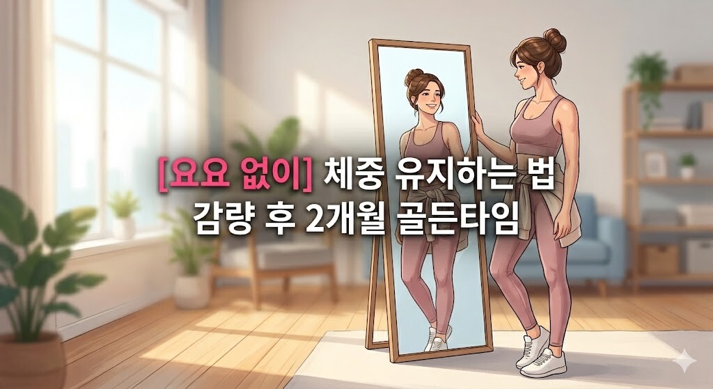 거울을 보며 만족스럽게 미소 짓는 여성의 모습을 통해 요요 없이 체중 유지하는 법을 표현한 일러스트 썸네일 이미지