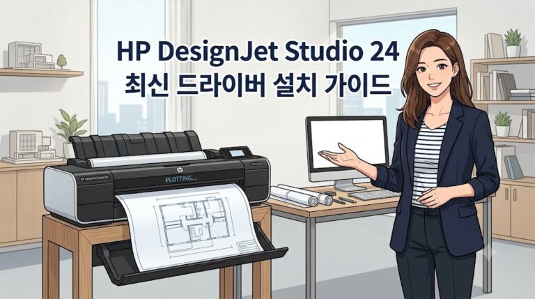 HP DesignJet Studio 24 플로터 최신 드라이버 설치를 완료한 디자이너와 출력되는 도면 일러스트