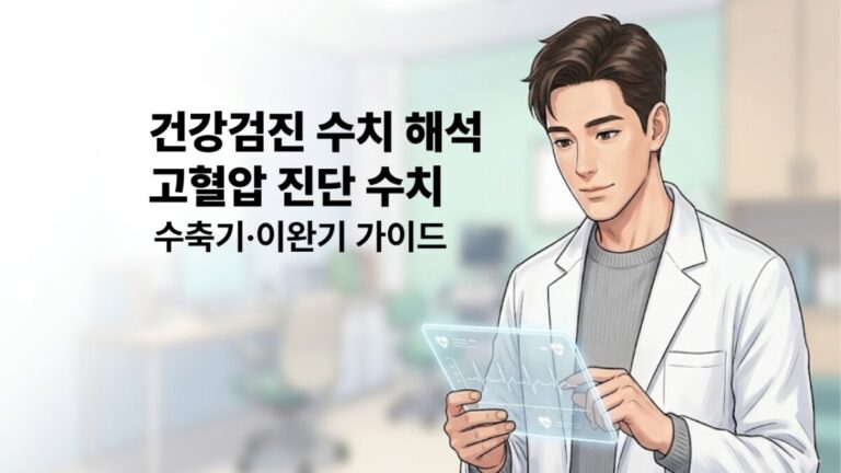 고혈압 진단 수치, 수축기 이완기 가이드, 건강검진 수치 해석, 혈압 낮추는 방법, 최고혈압 최저혈압 기준, 정상 혈압 범위, 정갈한 웹툰풍 반실사 일러스트 썸네일, 건강 의학 전문가 캐릭터, 투명 디지털 차트 그래픽, 정보성 블로그 대표 이미지 배경