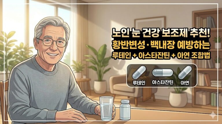 따뜻한 채광이 드는 창가 자리에서 맑은 눈빛으로 활짝 미소 짓는 60대 노인 남성이 앉아 있고, 우측 여백에 노인 눈 건강 보조제 추천 및 황반변성 백내장 예방하는 루테인 아스타잔틴 아연 조합법 타이틀과 캡슐 그래픽이 정갈하게 합성된 블로그 대표 썸네일 이미지