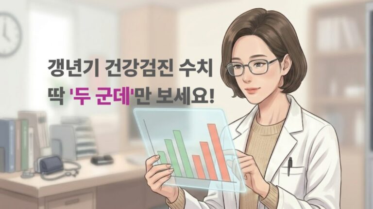 갱년기 건강검진 수치, 여성 호르몬 정상 범위, 에스트로겐 수치 기준, 난포자극호르몬 FSH 검사, 골밀도 T-score 점수, 난소 나이 AMH 검사, 그래프 차트가 보이는 투명 태블릿을 보는 여성 의사