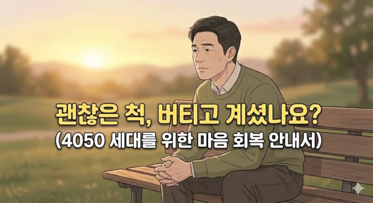 노을 지는 공원 벤치에 앉아 깊은 생각에 잠긴 중년의 모습, 마음 회복을 위한 위로의 메시지