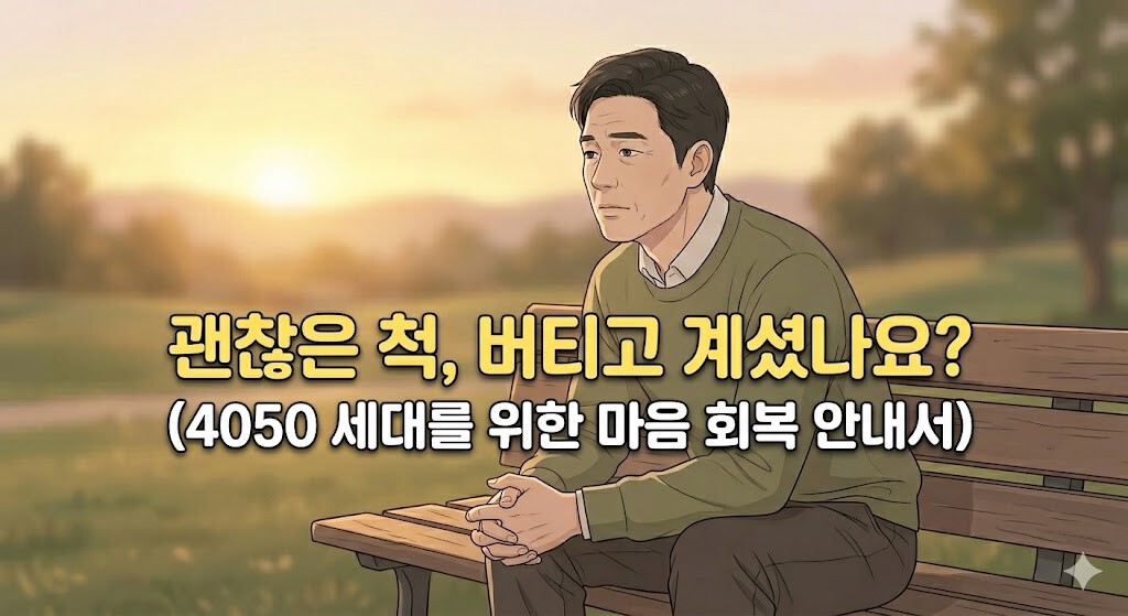 노을 지는 공원 벤치에 앉아 깊은 생각에 잠긴 중년의 모습, 마음 회복을 위한 위로의 메시지