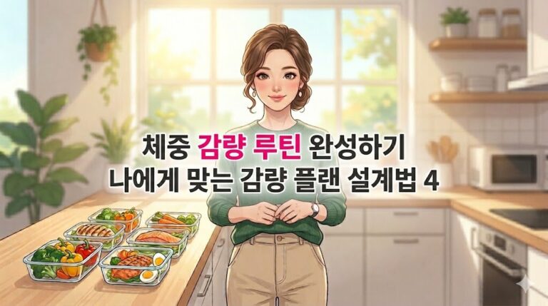 밝고 아늑한 주방을 배경으로 예쁘고 귀여운 인상의 여성이 머리를 뒤로 묶고 서 있는 상체 중앙에 체중 감량 루틴 완성하기 타이틀이 핫핑크 포인트 고딕체로 깔끔하게 디자인된 블로그 대표 이미지
