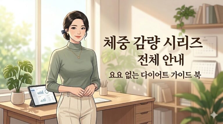 머리를 뒤로 묶은 세련된 여성이 서 있는 일러스트의 정중앙에 체중 감량 시리즈 전체 안내서 타이틀이 핫핑크 포인트 고딕체로 깔끔하게 디자인된 블로그 대표 이미지