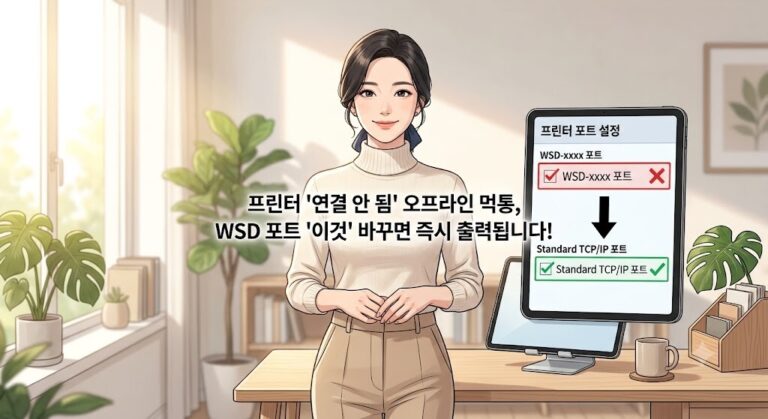 우아하게 머리를 묶은 여성이 서 있는 홈 오피스 배경에 프린터 포트 설정 안내 화면이 띄워져 있고, 정중앙에 프린터 연결 안 됨 오프라인 먹통 해결 타이틀이 들어간 블로그 대표 이미지