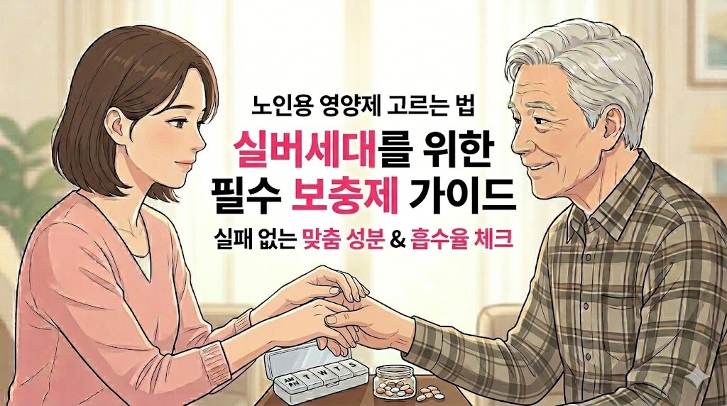'노인용 영양제 고르는 법', '실버세대를 위한 필수 보충제 가이드', '실패 없는 맞춤 성분 & 흡수율 체크' 타이틀 문구가 중앙에 정갈한 고딕체로 균형 있게 배치된 블로그 대표 썸네일 이미지.