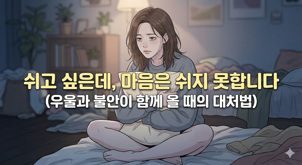 침대에 앉아 베개를 껴안고 우울감과 불안함이 뒤섞인 표정으로 내면의 갈등을 겪는 청년의 모습